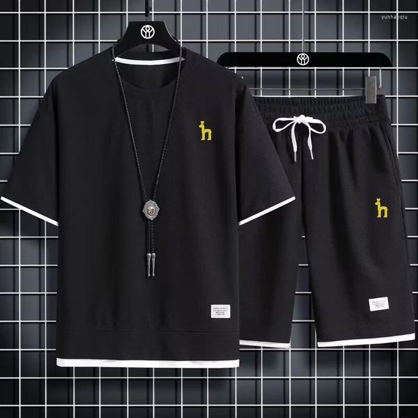 

men's tracksuits hazzys summer embroidery waffle short sleeve suit male korean version loose couple shorts casual two-piece set, Gray