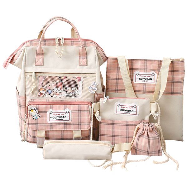 

school bags 5pcs backpack preppy style aesthetic rucksack plaid large capacity canvas casual girls daypack 230801