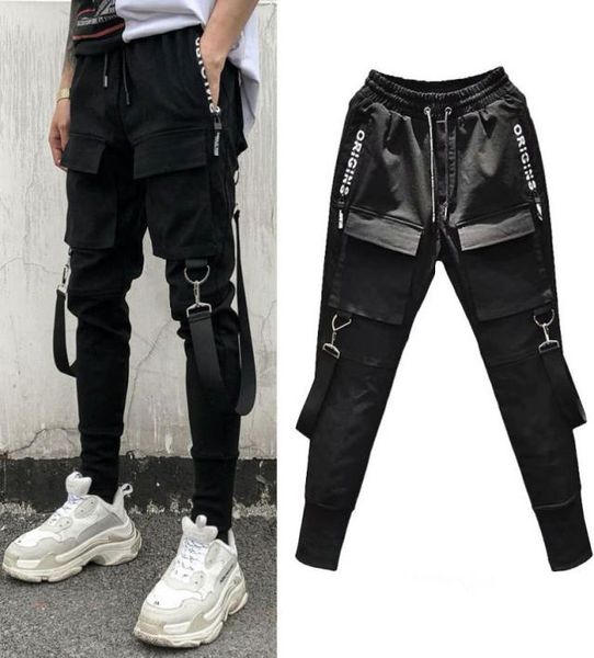 

hip hop men cargo pants high street kpop casual cargo pants with pockets joggers modis streetwear trousers asian size7192251, Black