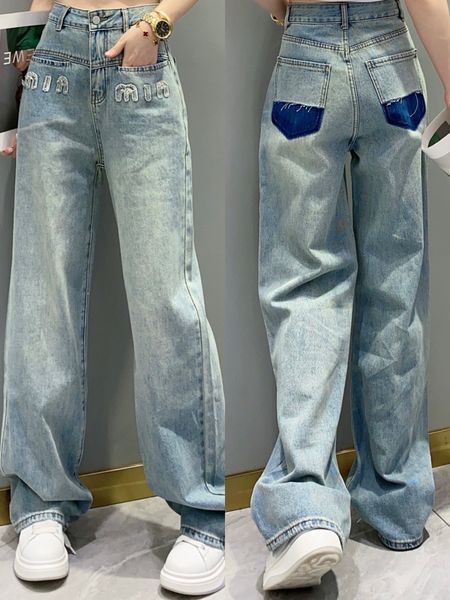 

women's designer jeans fashion sticker letter embroidered high waisted jeans slim straight denim pants trousers, Blue