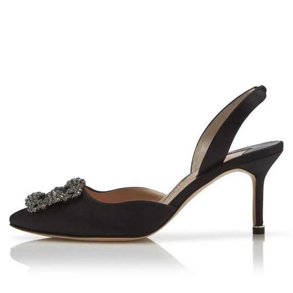 

fashion women sandals pumps hangisli 70 mm black cream satin jewel buckle embellished italy famous pointed toe elasticated strap design sand