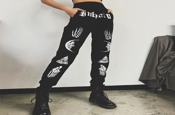 

rosetic gothic skull moon print casual pants high waist lack lace up fitness leggins women sweatpants punk streetwear trousers 2016133410, Black;white