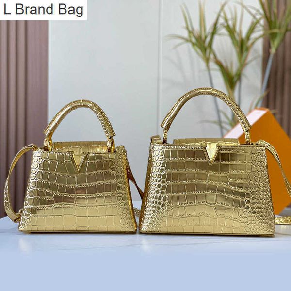 

l bag alligator crossbody bag tote beach bag women handbag shoulder purse plain letter hardware metal bottom nail removable belt strap large, Black