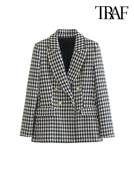 

women s suits blazers traf women fashion double breasted houndstooth blazer coat vintage long sleeve flap pockets female outerwear chic vest, White;black