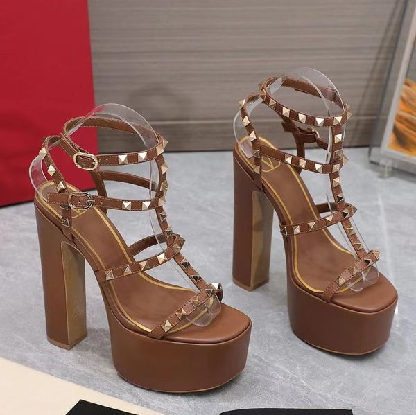 

runway platform sandals small square buckle gladiator pumps women's leather block heel party evening shoes luxury designers high heels, Black