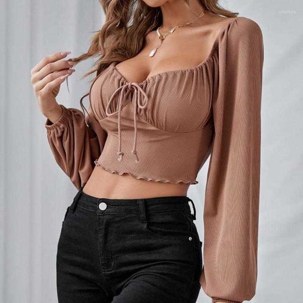 

shirts women's t short shirt brown autumn clothing girl low-cut crop draw string long sleeve shirt blouses fashion brown femal, Black