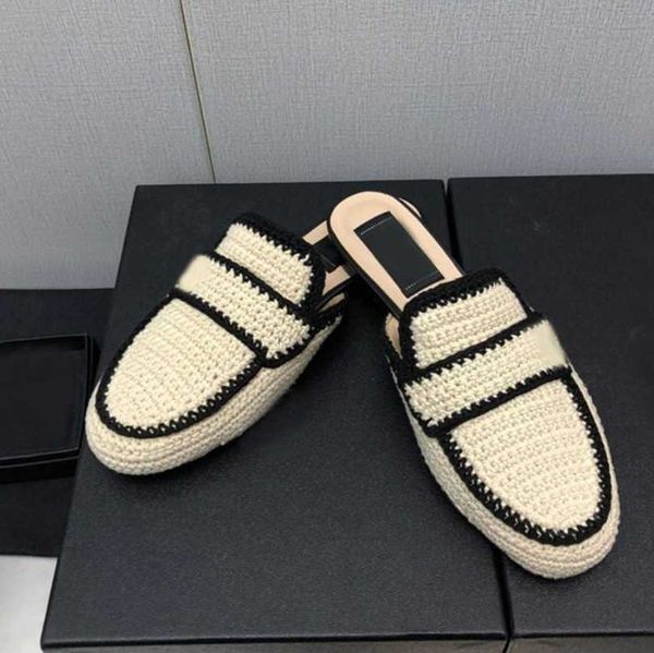 

women's cord crochet knit moccasin slides slippers designer shoes interlocking c flats branded mules beige tan black paris fashion clos