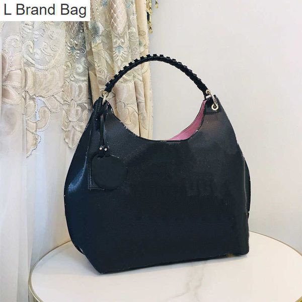 

l bag tote beach bag axillary shoulder bag women handbags purse carved perforated cowhide woven handle fashion letter print hasp large capac, Black