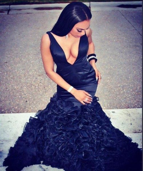 

new mermaid prom dresses 2k16 plunging v neck backless organza tiered ruffles skirts evening gowns plus size formal party dre6000626, Black