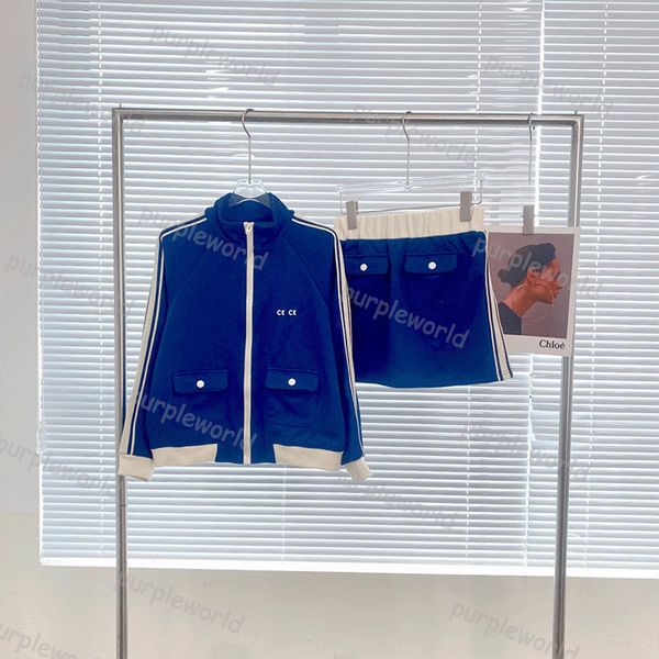 

skirt two piece womens white ribbon splicing navy blue preppy sports suit double pocket stand collar zipper jacket high waist skirt