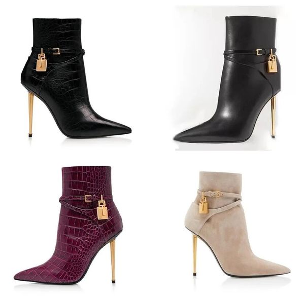 

eu35-43 original box fashion padlock ankle boot black white leather high heels zip spool heels women booty ladies bottes booties