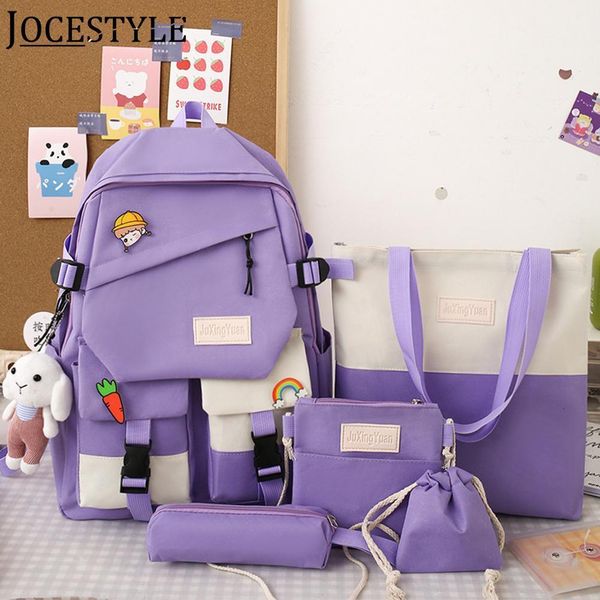 

school bags 5 pcs sets campus bag for students fashion contrast color backpack with pencil case cartoon waterproof large capacity knapsack 2