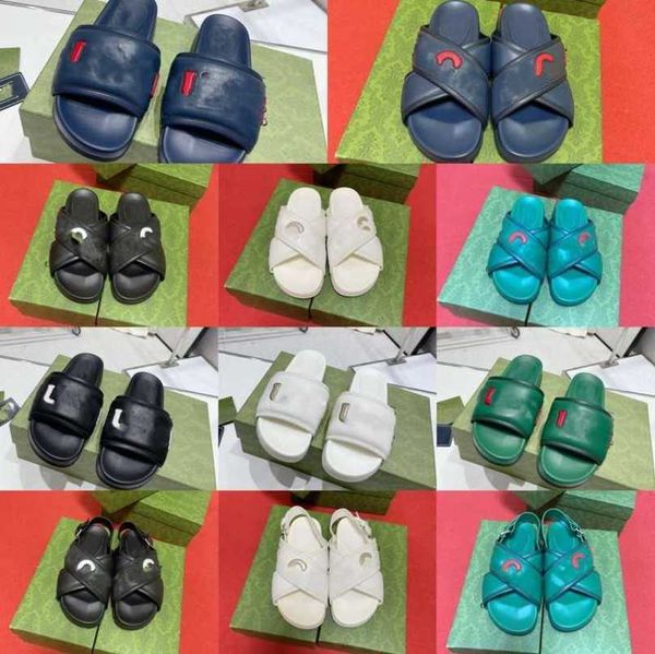 

3.5cm cowhide leather slippers logo sandal g two platform mules women men's interlocking g slides waterproof beach pool slider flip flo, Black