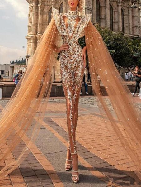 

luxury 2020 jumpsuits prom dresses with cape high neck lace appliqued beading party gowns turkish vestidos formal dress evening we6652812, Black