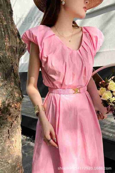 

basic & casual dresses designer summer new natural color v-neck pleated small flying sleeves metal elastic belt dress loose comfortable kqfq, Black;gray