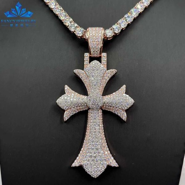 

popular hip hop jewelry 925 silver plated white gold and rose gold iced out cross necklace moissanite custom pendant