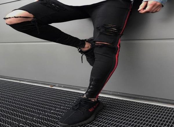 

casual skinny pants spring new hip hop streetwear fashion man039s jeans distrressed man039s full length pants7328001, Blue