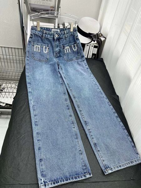

women's designer jeans fashion retro high waisted rhinestone straight spring summer slim fit wide leg pants denim pants trousers, Blue