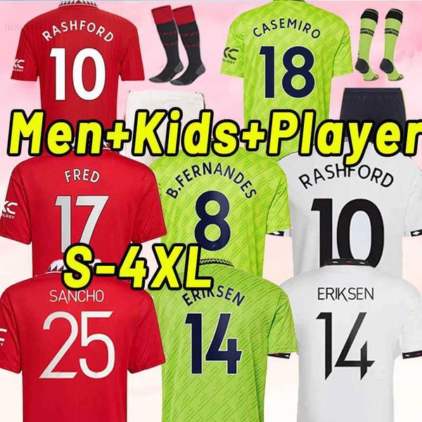 

fans player version 22 23 sancho soccer jerseys b.fernandes man rashford football shirt 2022 2023 eriksen manchester shaw utd full kit kid m, White;black