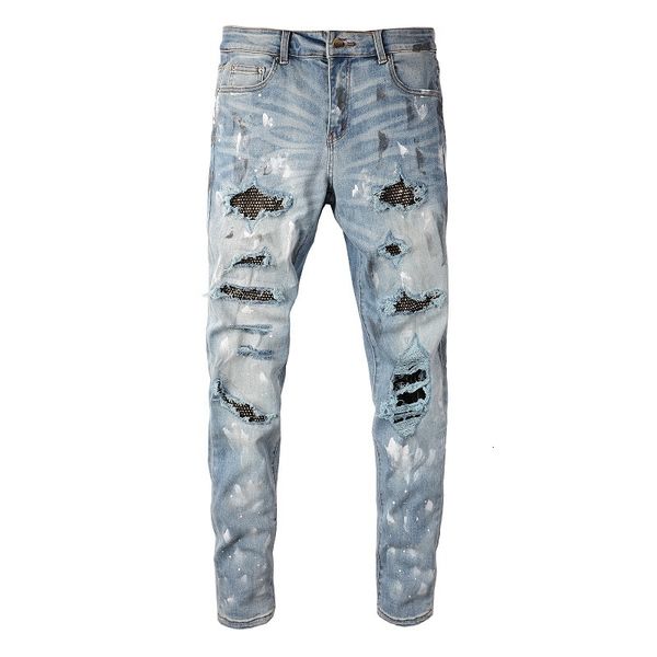 

mens jeans arrival distressed light blue skinny ripped streetwear damaged rhinestones painted slim fit stretch destroyed 230801