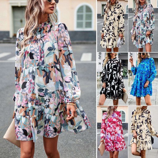 

diyun print dress autumn winter womens elegant long sleeve short, Black;gray