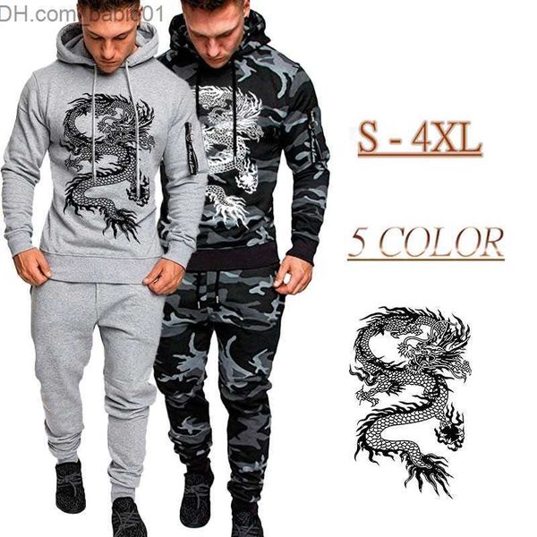 

men's tracksuits men tracksuit 2piece set camouflage dragon printing hoodies and sweatpants streetwear fashion casual jogging male suit, Gray