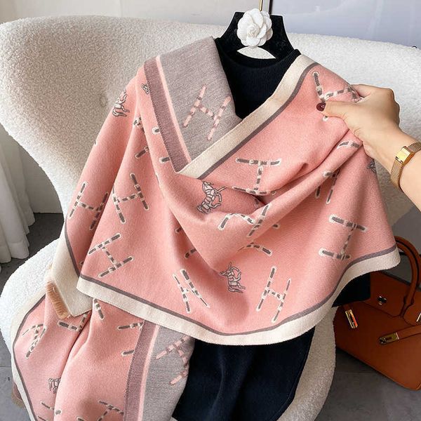 

high class horse for women in autumn and winter h letter casual cashmere shawl versatile business warm scarf wns0, Blue;gray