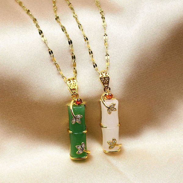 

new stainless steel necklace non tarnish jewelry women female crystal natural stone jade golden plated bamboo pendant necklace, Green;white