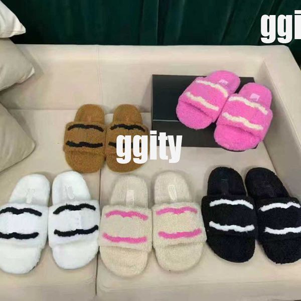 

2022 classic luxury designer women wool slides slippers fur fluffy furry warm letters sandals increased thick sole for warmth slipper shoes, Black