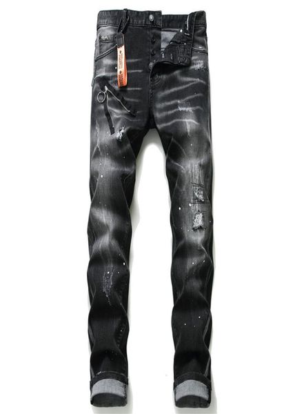 

men039s jeans ripped patches paint dots stitching slim fit stretch pants 1010 1154045428, Blue