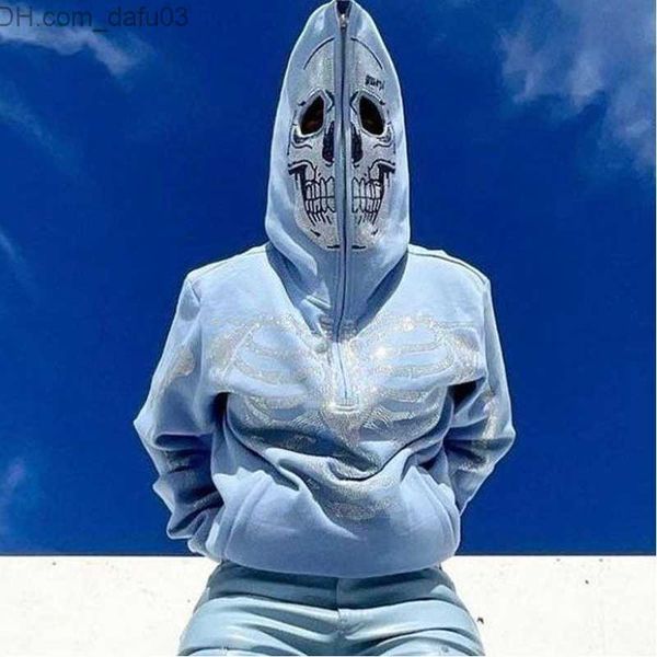 

men's hoodies sweatshirts gothic zipper hoodie rhinestone skeleton grunge oversized sweatshirt y2k jacket hoodie men's street fash, Black