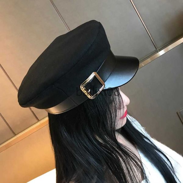 

stingy brim hats women blk military hats autumn winter fashion wool pu leather patchwork newsboy caps with belt female gorras j230802, Blue;gray