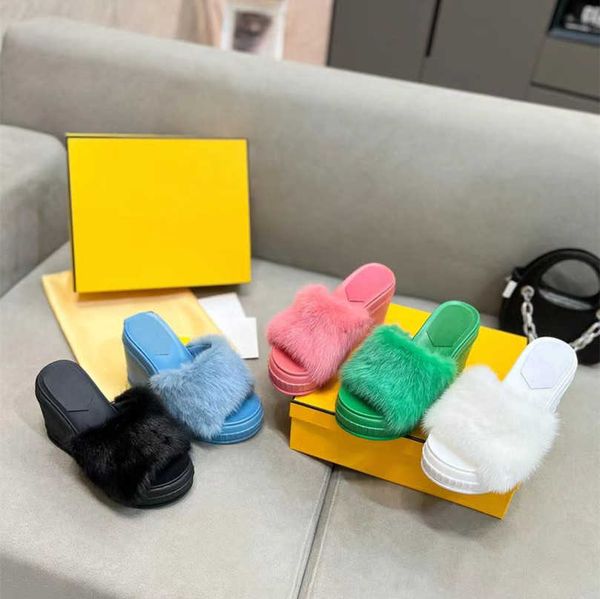 

8.5cm high heels mink fur sandal wedges slippers women f platform slides heel mules 2023 banquet party wedding dinner shoes furry plush flip, Black