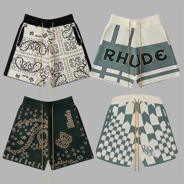 

rhude color block letter knitted jacquard drawstring shorts american plaid cashew flower casual capris men's, White;black