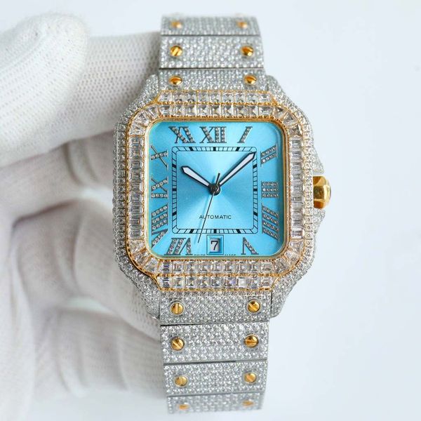

full diamond men watch automatic movement yellow gold 2tone diamonds case 39.8x13.5mm baguette stones bezel multi-colo face, Slivery;brown