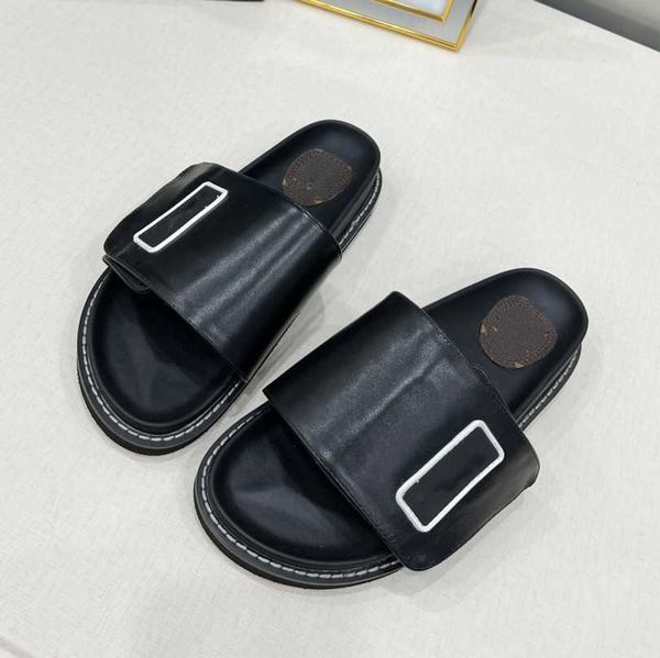 

padded monograms platform slippers designer pool pillow slides mens women comfort sunset flat mules easy-to-wear style scuff front strap lux, Black