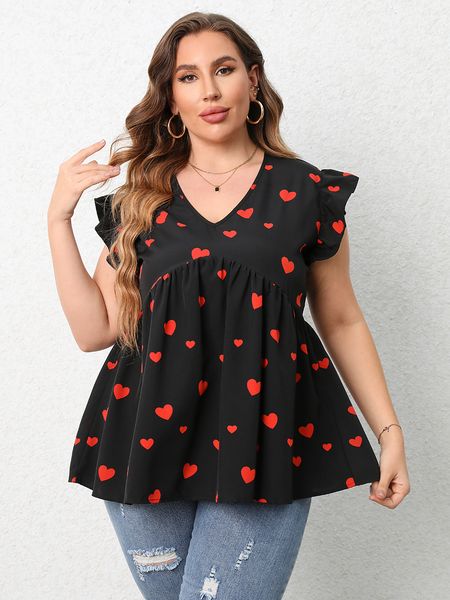 

women's plus size t shirt finjani red heart print blouse 2023 v neck ruffle trim blouses summer casual tee loose and breathable 230802, Black