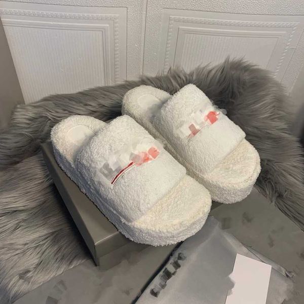 

women's shearling furry slippers fluffy faux fur sandal women girls platform mule luxury brand designer shoes warm indoor flip flops fa, Black