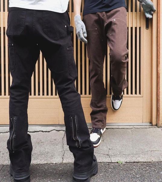 

back ankle zipper spliced straight flare pants mens high street washed retro loose casual jeans hip hop denim trousers2585556, Blue