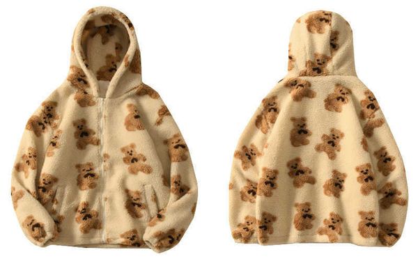 

autumn and winter women's hooded thickened casual sweater cartoon pattern bear zipper pocket plush sweater (female), Black