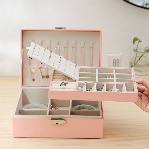 

jewelry boxes 1pcs double layer storage box for men and women large capacity leather hardware travel portable flip lid palm 230801, Black;white
