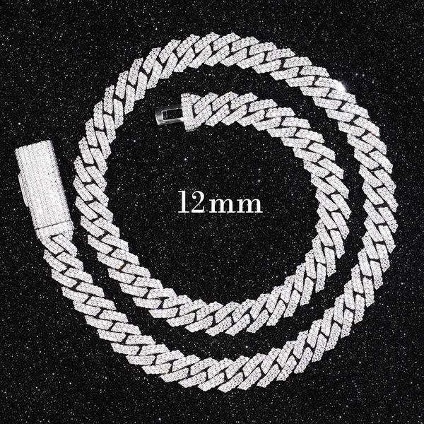 

light s925 real moissanite with gra 12mm 2rows iced out cuban necklace chain for male, Silver