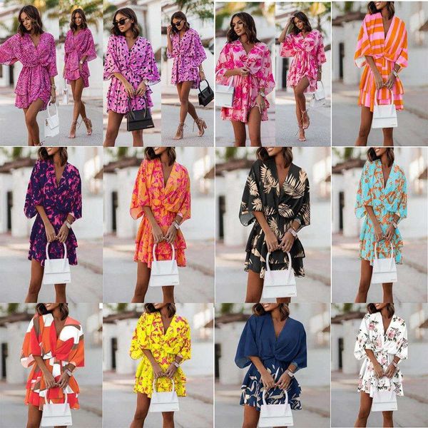 

autumn v neck loose bat sleeve print dress womens wear, Black;gray