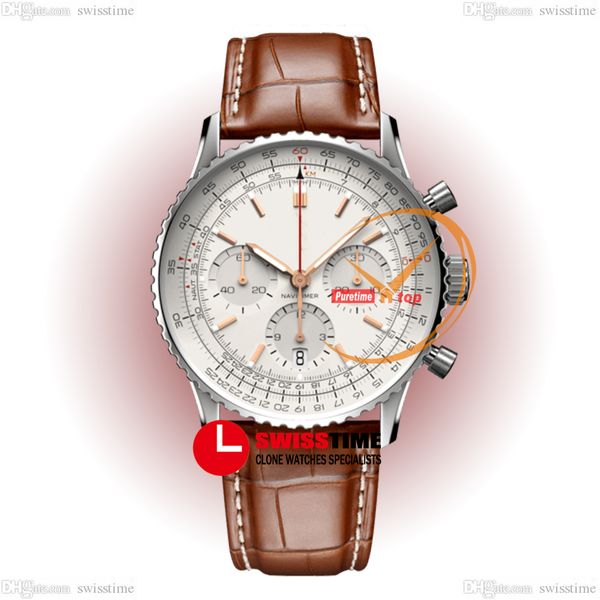 

bls navitimer b01 eta a7750 automatic chronograph mens watch silver stick dial brown leather with white line ab0139211g1p1 super edition rel, Slivery;brown
