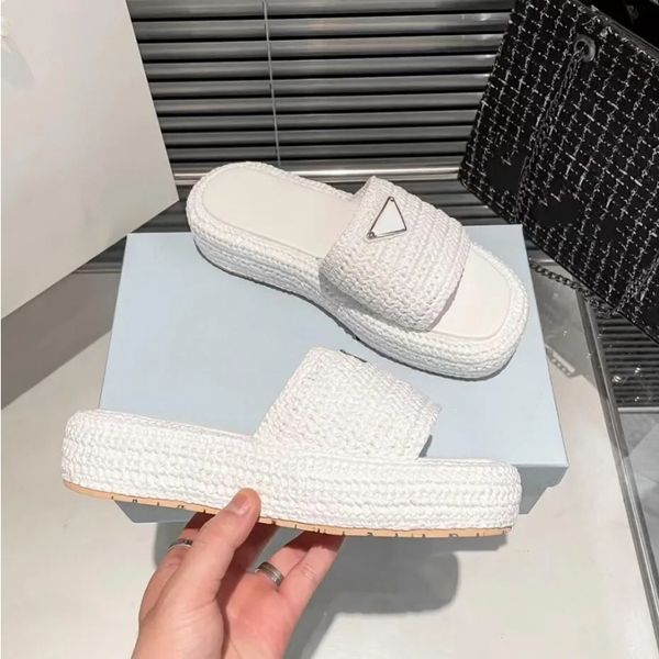 

women's straw woven slippers designer thick sole raffia sandals luxury brand triangle logo mule shoes beige black white classic mop sli