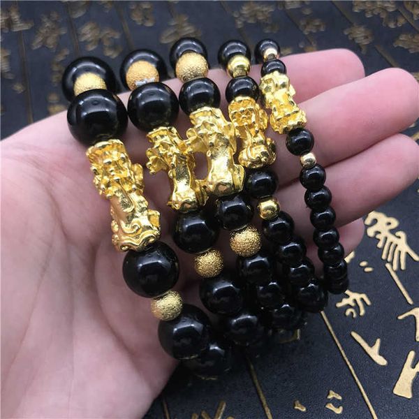 

six-character proverbs imitation obsidian bracelet for men and women vietnamese sand gold pixiu fortune buddha bead bracelet live broadcast, Black
