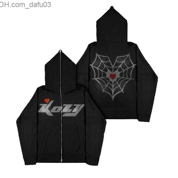 

men's hoodies sweatshirts spider web rhinestone hoodie grunge harajuku couple street clothes zipper oversized clothes emo vintage punk, Black
