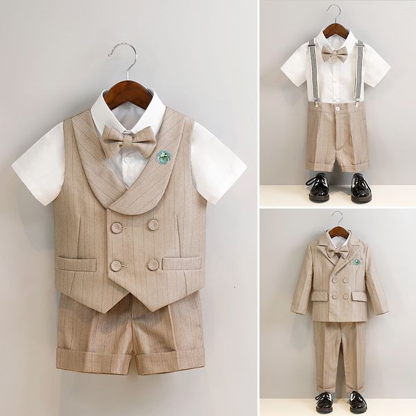 

suits boy khaki striped dress suit set spring summer child piano host performance wedding party costume kid blazer pants bowtie cloth 230801, Black