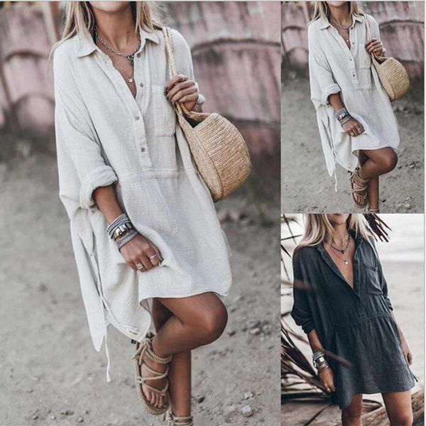 

autumn womens casual loose v neck midi long dress, Black;gray