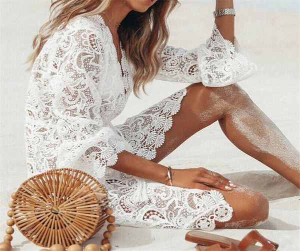 

women holiday dress white lace hollow out beach bikini cover up boho party sun mini deepv neck sundress179p7275444, Black;gray